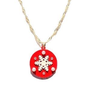 Christmas Necklace - Snowflake Red Pendant with Faux Pearls & Crystals Necklace